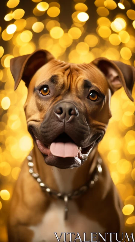 AI ART Brown Pit Bull Terrier Dog with Tongue Out on Gold Background