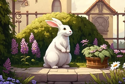 Captivating White Rabbit in a Enchanting Garden | Hyper-Realistic Animal Illustration