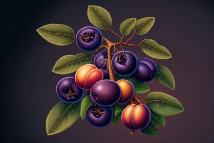 Dark and Foreboding Plums Illustration on Branch | Colorful Woodcarvings