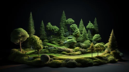 Dark Green Miniature Golf Course with Realistic Trees and Shrubs