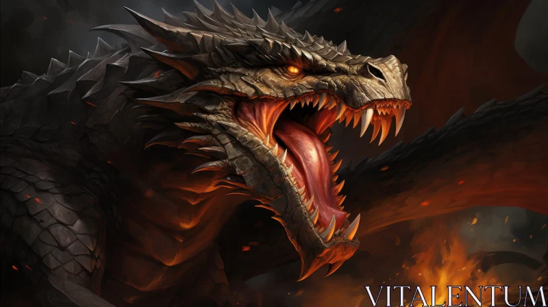 AI ART Fiery Black Dragon Head - Digital Fantasy Art