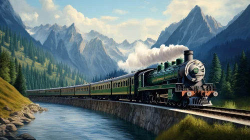 Green Steam Locomotive Pulling Passenger Cars Through Mountainous Valley