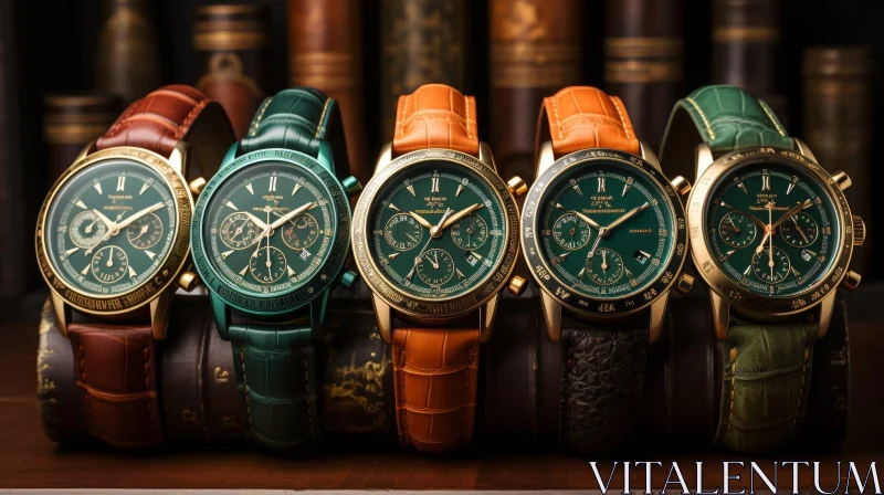 Luxury Wristwatches with Green and Brown Leather Straps AI Image