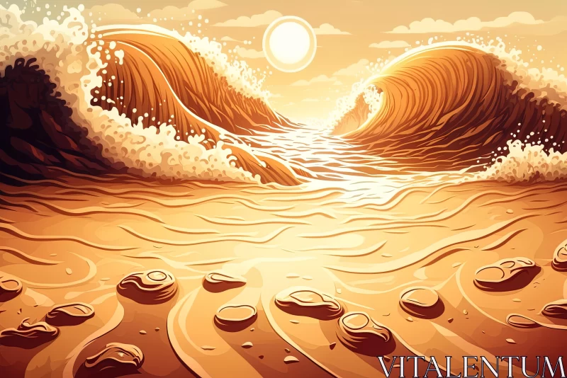 Surreal Cartoon of Sunset Ocean Beach with Waves | Zen Buddhism Influence AI Image