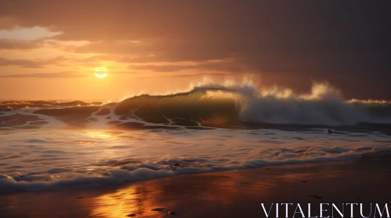 AI ART Tranquil Beach Sunset with Surfer | Orange Sky
