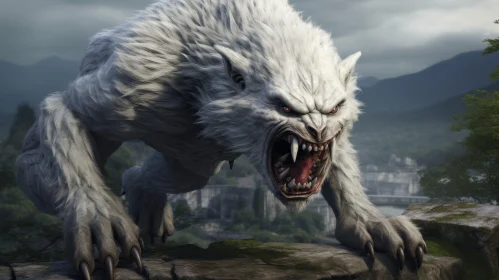 White Werewolf Digital Painting in Ruined City