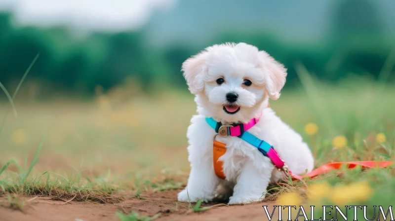 Adorable White Puppy with Pink Collar and Leash AI Image