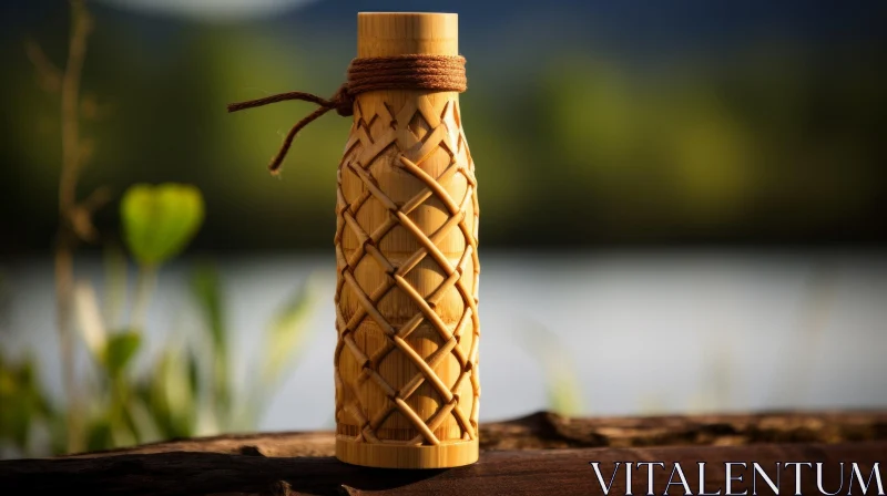 Bamboo Water Bottle With Woven Pattern on Wooden Table AI Image