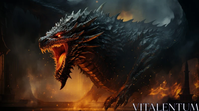 Black Dragon Digital Painting - Fiery Fantasy Artwork AI Image