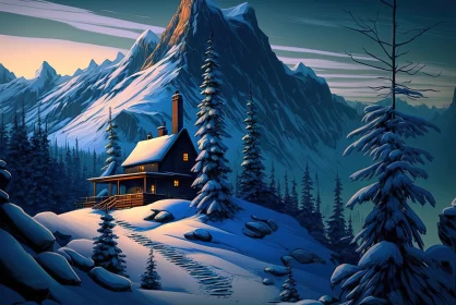 Captivating Cabin in Snow: A Digital Painting