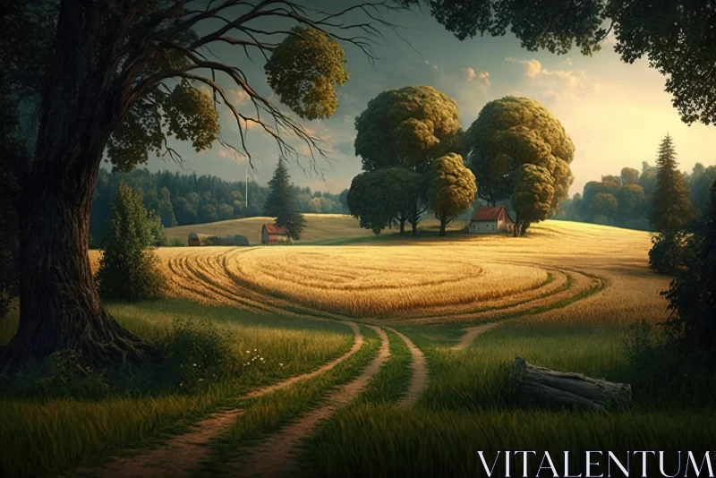 Captivating Field with Trees - Hyperrealistic Illustration AI Image
