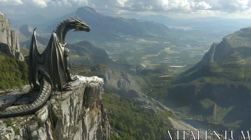 Dragon Digital Painting on Cliff - Fantasy Artwork AI Image