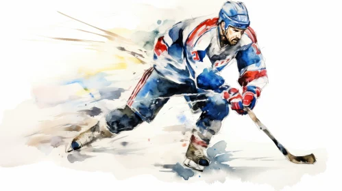 Dynamic Hockey Player Watercolor Painting