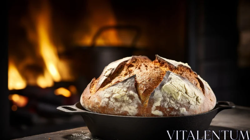 AI ART Golden Crust Bread in Cast Iron Pot by Fireplace