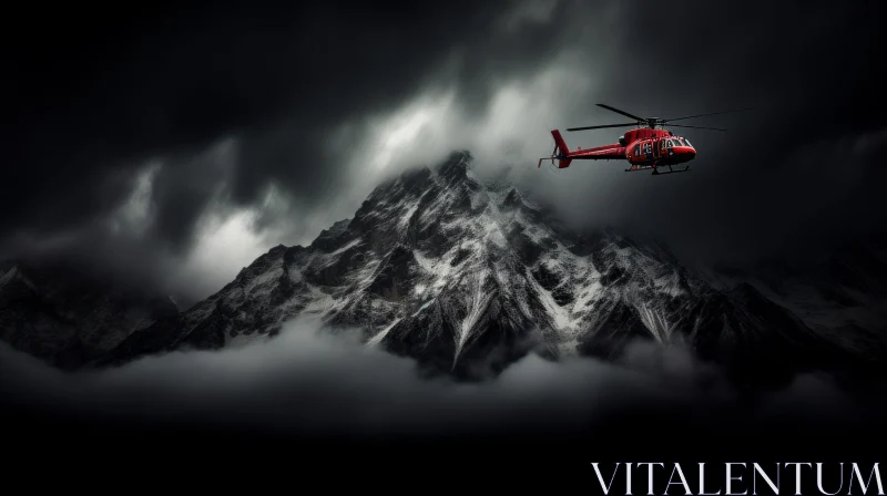 Helicopter Flying Through Snow-Covered Mountain Pass AI Image