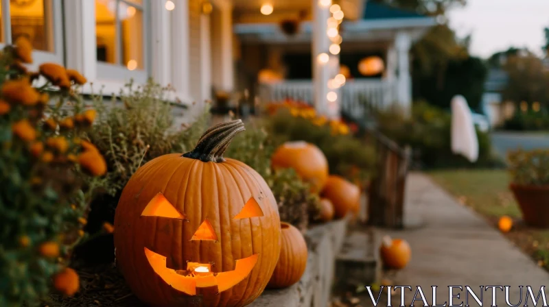Jack-O-Lantern on Porch - Halloween Decoration AI Image