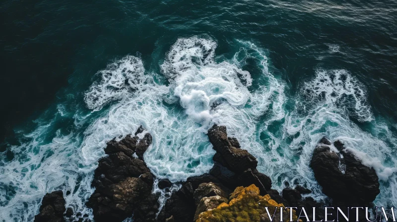 AI ART Powerful Ocean Waves Crashing on Rocky Coast - Aerial View