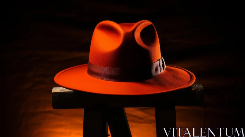 Stylish Orange Fedora Hat on Wooden Stool AI Image