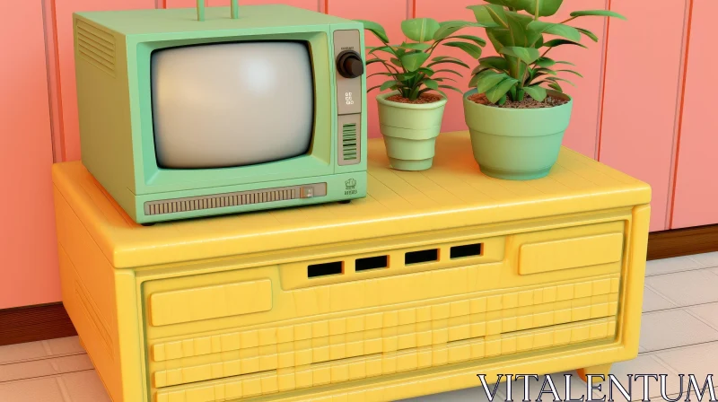 Vintage TV on Yellow Cabinet AI Image