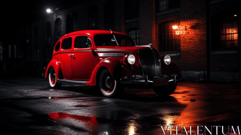 Captivating Red Car Parked on Wet Street | Photorealistic Portraits AI Image