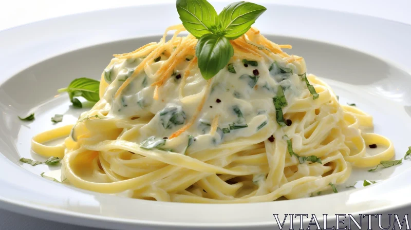 AI ART Delicious Fettuccine Pasta with Creamy Sauce and Basil