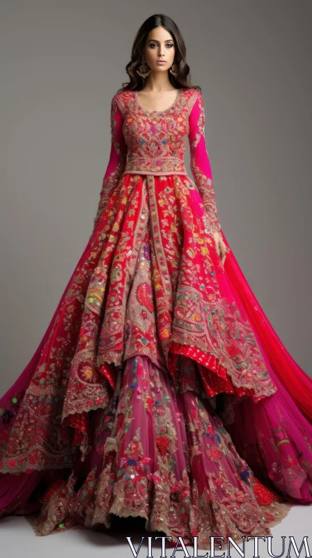 Elegant Model in Red and Pink Embroidered Dress AI Image