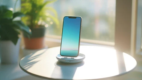 Modern Smartphone on Wireless Charging Stand with Serene Landscape Display