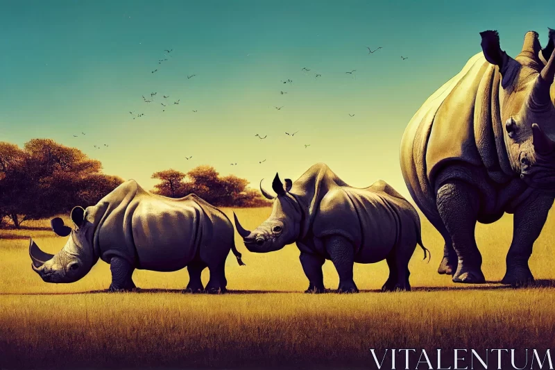 Surreal Rhino Walking on Grass | Panoramic Scale | Realistic Bird Paintings AI Image