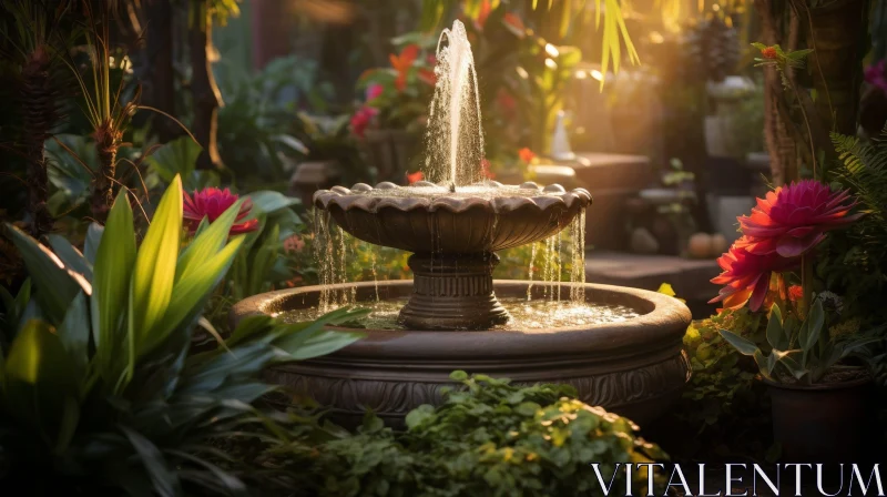 Tranquil Fountain in a Lush Garden AI Image