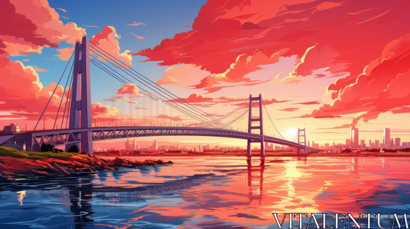 AI ART Tranquil Sunset Landscape with Bridge Over River