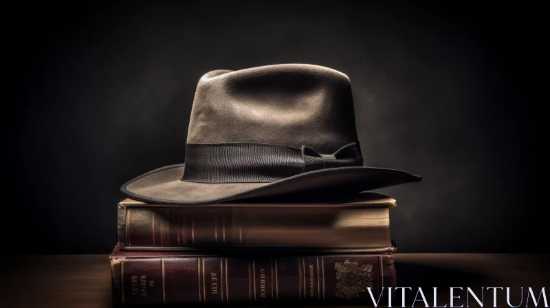 AI ART Vintage Brown Fedora Hat on Stack of Old Books
