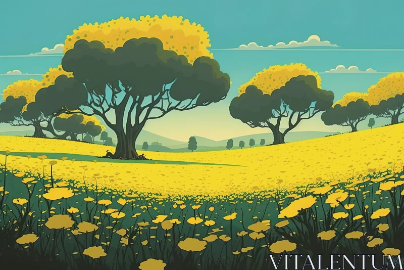Yellow Field with Trees - Art Nouveau-Inspired Illustration AI Image