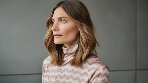 Young Woman in Pink Turtleneck Blouse with Thoughtful Expression