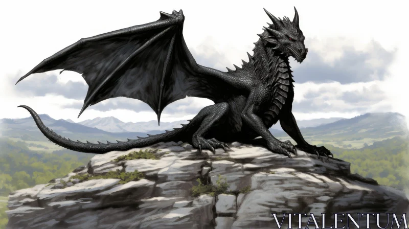 AI ART Black Dragon Digital Painting on Mountain Rock