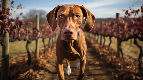 Brown Vizsla Dog in Lush Vineyard
