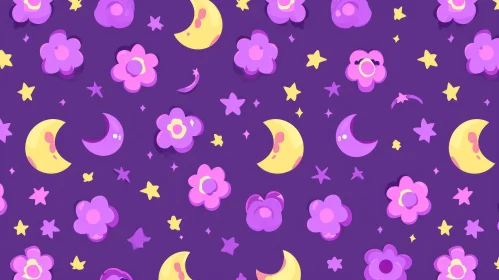 Cheerful Cartoon Moons and Stars Pattern on Purple Background