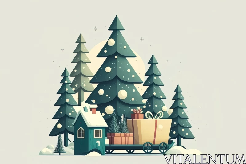 Christmas Tree and Christmas House Illustration - Rustic Futurism Style AI Image