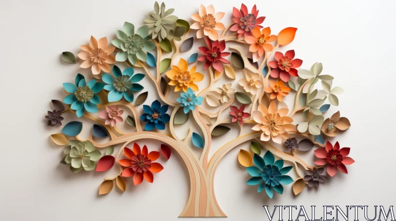 Colorful Flower Tree Illustration - Paper-cut Style AI Image