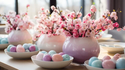 Elegant Easter Table Setting with Cherry Blossoms and Pastel Eggs