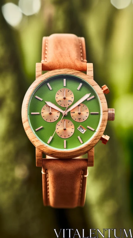 Exquisite Wood Wristwatch with Green Dial and Brown Leather Strap AI Image