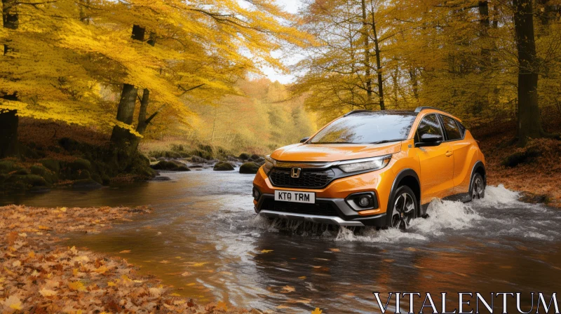 Orange Honda HRV Crossing a Watery Path in Autumn - Capturing Moments, Bold and Dynamic AI Image
