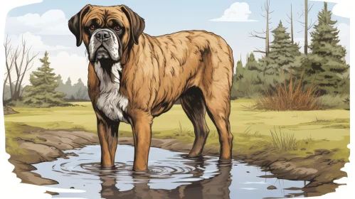 Serious Boxer Dog in Forest Puddle