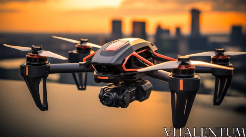 AI ART Black and Orange Drone Flying at Sunset