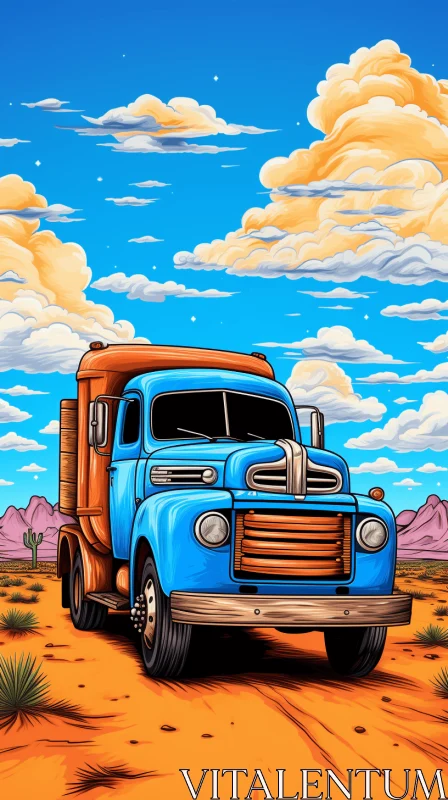 Colorful Cartoon of a Blue Truck in the Desert AI Image