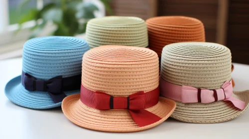 Colorful Straw Hats on White Table