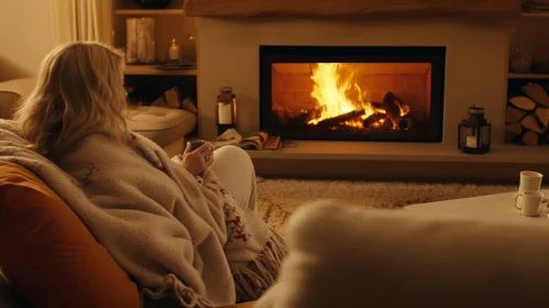 Cozy Fireplace Scene with Woman Relaxing by the Fire