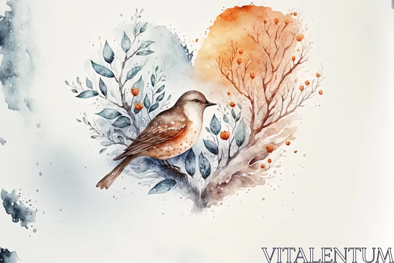 Delicate Watercolor Painting of a Bird on a Heart-shaped Leaf AI Image