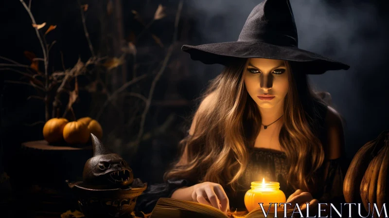Enchanting Witch Reading Book with Candle and Pumpkin AI Image