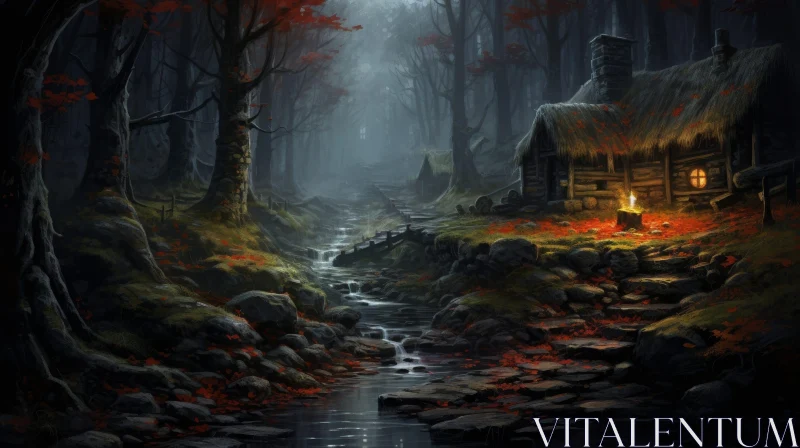 Enigmatic Forest Cottage Scene AI Image