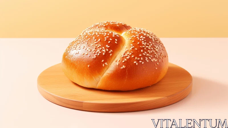 Golden Brown Sesame Bread on Wooden Cutting Board AI Image